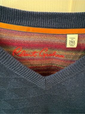Robert Graham Men's Slate Blue V-Neck Sweater with Multicolor Interior